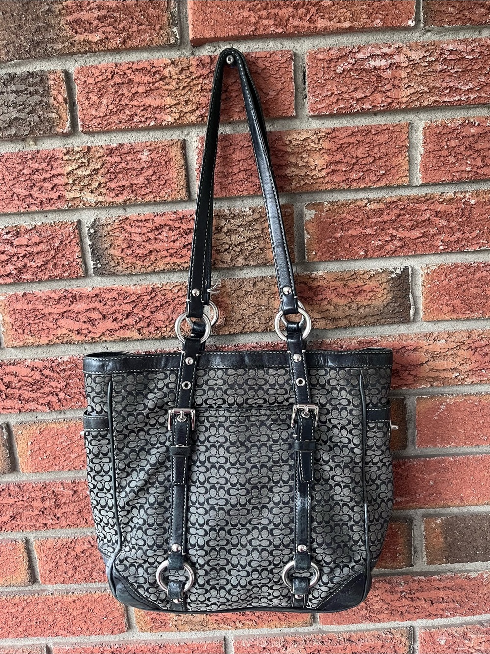 Coach Black Signature-Pattern Shoulder Tote